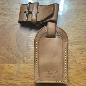 Louis Vuitton Brown Leather Luggage Tag with Yellow Stitching
